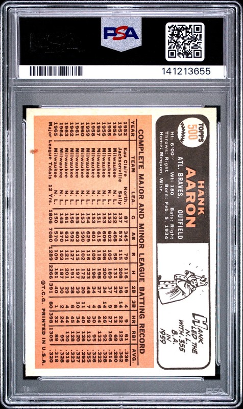 1966 Topps Hank Aaron #500 PSA 6 view 2