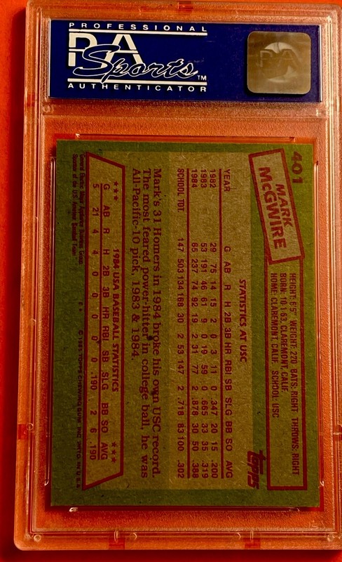 1985 Topps Mark McGwire 1984 Team USA RC #401 PSA NM-MT 8 * WELL CENTERED* view 2