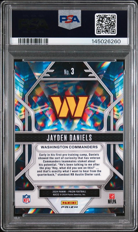 Jayden Daniels 2024 Panini Prizm #3 Prizmatic Green Wave RC PSA10 GEM MT view 2