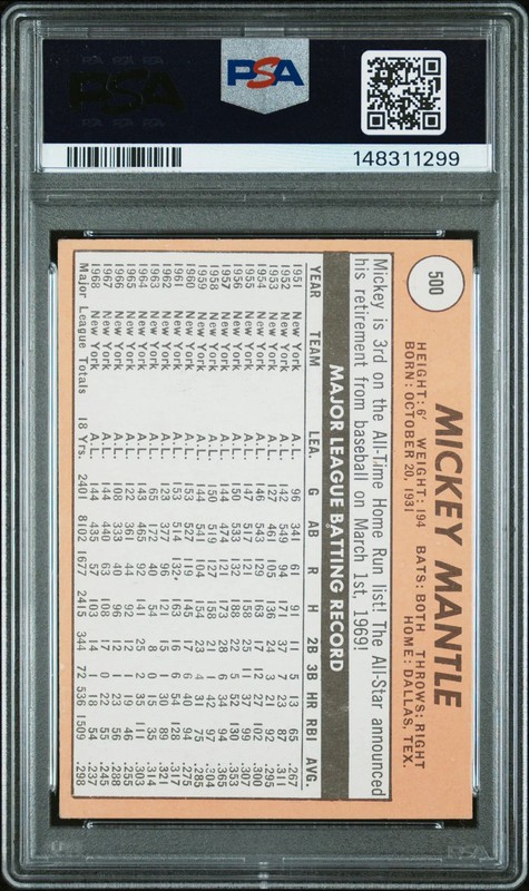 1969 Topps Mickey Mantle #500 Last Name In Yellow PSA 6 view 2