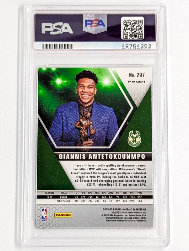 2019-20 Panini Mosaic MVPs Green Prizm #297 Giannis Antetokounmpo PSA 9 Bucks view 2