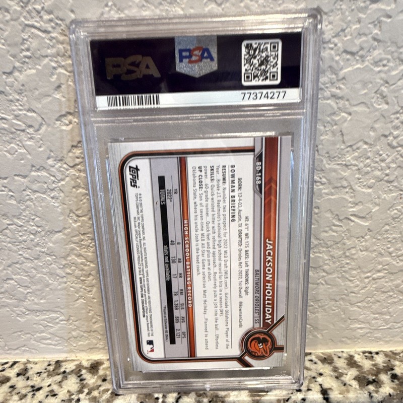 Topps 2022 Bowman Draft Jackson Holliday Orioles 1st Bowman RC BD-168 PSA 10 view 2