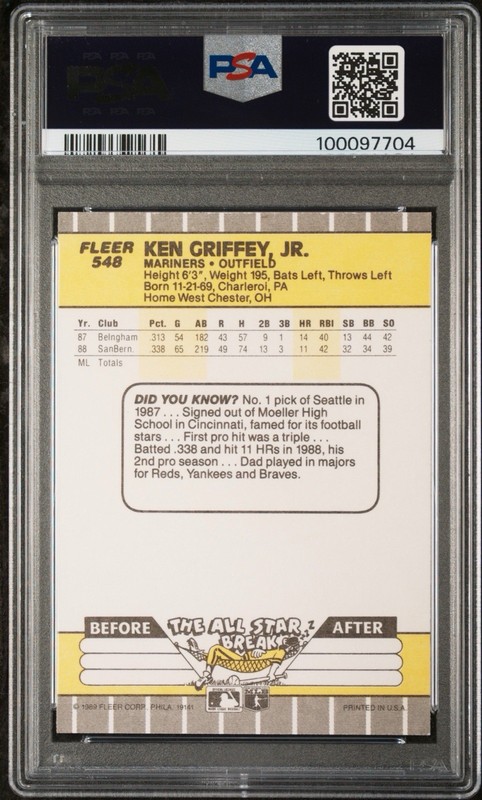 1989 Fleer Ken Griffey Jr #548 PSA 9 view 2