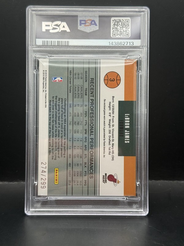 #3 LeBron James 2010-11 Donruss /299 Miami Heat Gamers Materials PSA 10 POP 2 view 2