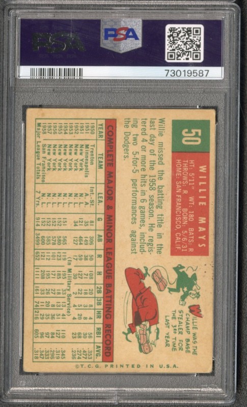 1959 Topps Willie Mays #50 PSA 3.5 VERY GOOD PLUS HOF view 2