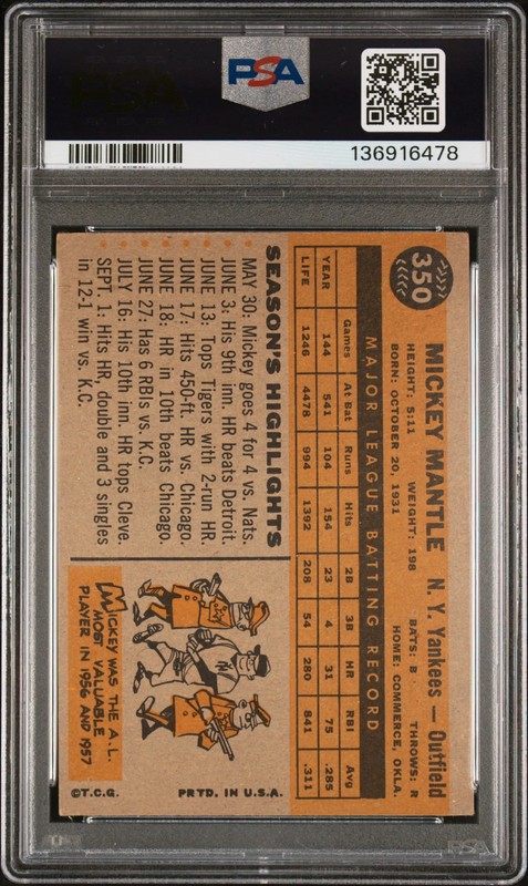 1960 Topps Mickey Mantle #350 PSA 3 view 2
