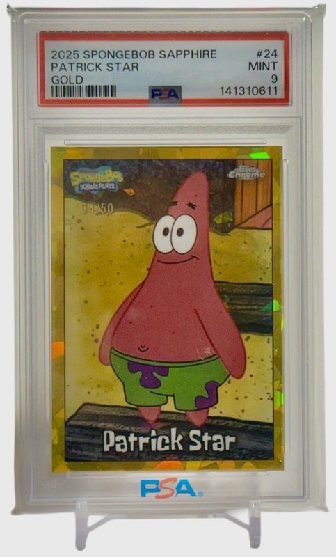 2025 TOPPS CHROME SPONGEBOB 25TH ANV SAPPHIRE GOLD PATRICK STAR CARD #/50 PSA 9
