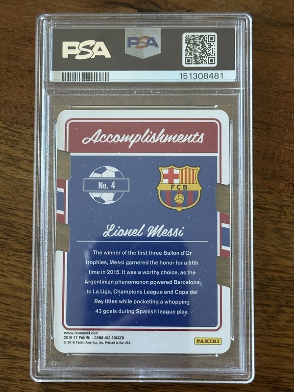 2016 Donruss Lionel Messi #4 Accomplishments Press Proof Die-Cut /149 PSA 9 Mint view 2