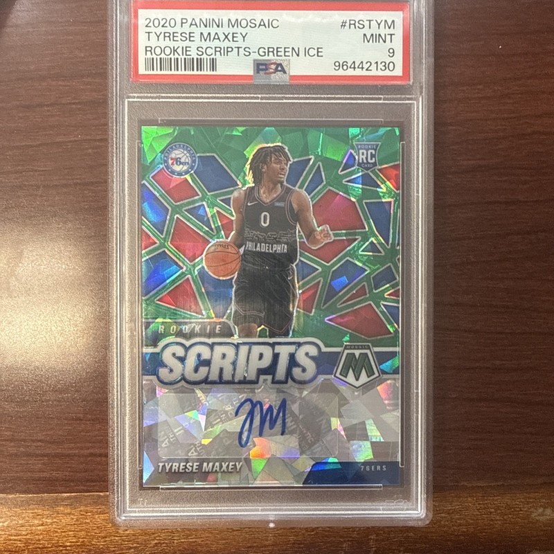2020-21 Mosaic Tyrese Maxey RC Auto Rookie Scripts GREEN CRACKED ICE PSA 9 