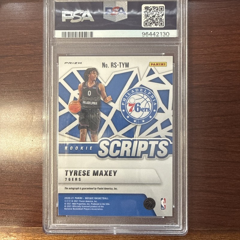 2020-21 Mosaic Tyrese Maxey RC Auto Rookie Scripts GREEN CRACKED ICE PSA 9  view 2