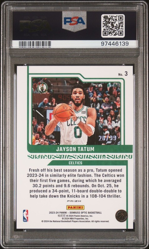 2023-24 Donruss Optic Elite Dominators Red Prizm /99 Jayson Tatum PSA 10 GEM MT view 2