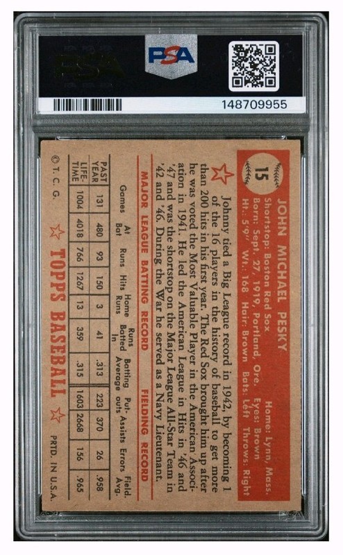 1952 Topps #15 Johnny Pesky PSA Authentic Auto 9 Signed Pop 8 w/8 higher RedSox view 2