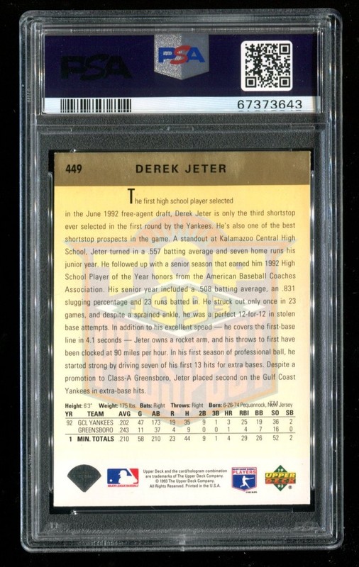 1993 Upper Deck #449 Derek Jeter Rookie RC PSA 6 EX-MT HOF Yankees~(KS) view 2