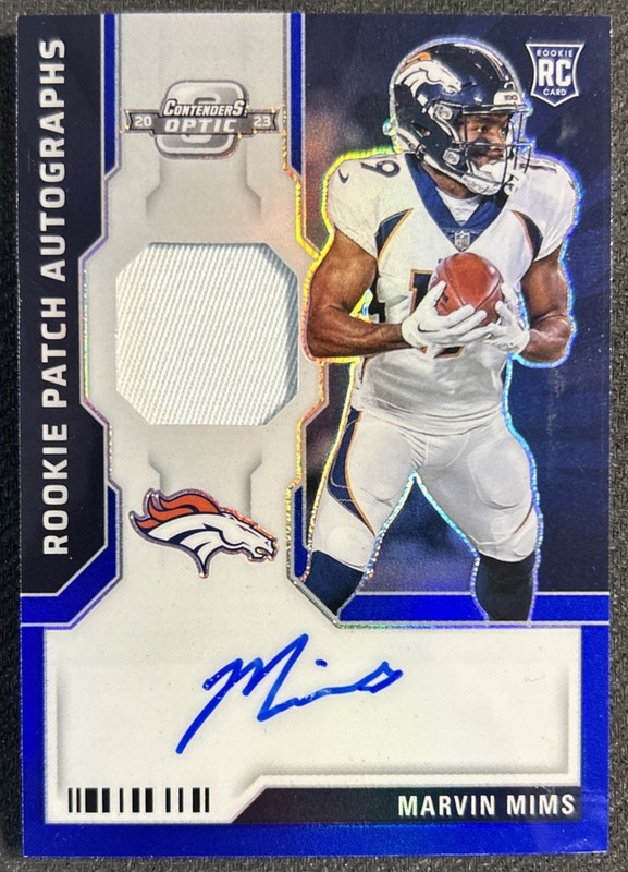2023 Panini Contenders Optic Marvin Mims Blue Prizm RPA RC Jersey Patch Auto /50
