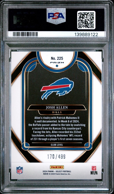 Josh Allen 2024 Panini Select #225 Neon Green Shock /499 PSA10 GEM MT Bills view 2