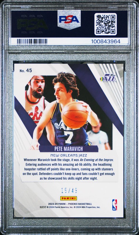 Pete Maravich 2023-24 Panini Phoenix #45 Bronze Lazer /49 PSA10 GEM MT view 2