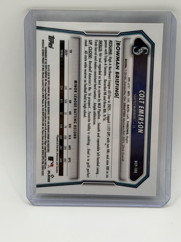 2026 Bowman Baseball Colt Emerson #BCP-108 Black Chrome 7/10 Mariners view 2