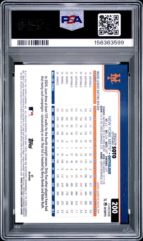 2025 Topps Chrome Sapphire #200 Juan Soto Orange Refractor /25 PSA 6 view 2