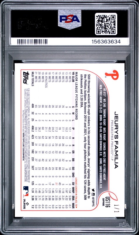 2022 Topps Chrome Update Sapphire #116 Jeurys Familia Superfractor 1/1 PSA 9 view 2