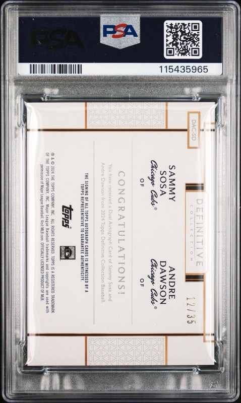 2024 Topps Definitive Sammy Sosa & Andre Dawson Dual Auto /35 PSA 10 Pop 1 Cubs view 2