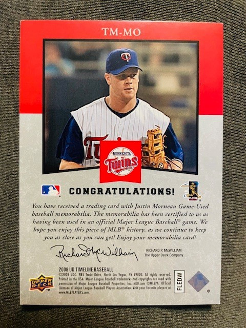2008 Upper Deck Timeline Justin Morneau Game Used Worn Jersey Relic Card view 2