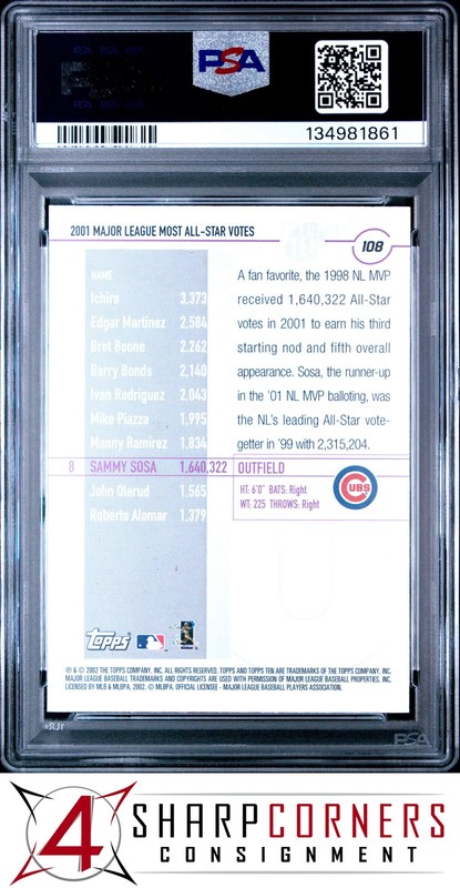 2002 TOPPS TEN #108 SAMMY SOSA CUBS POP 2 PSA 10 view 2