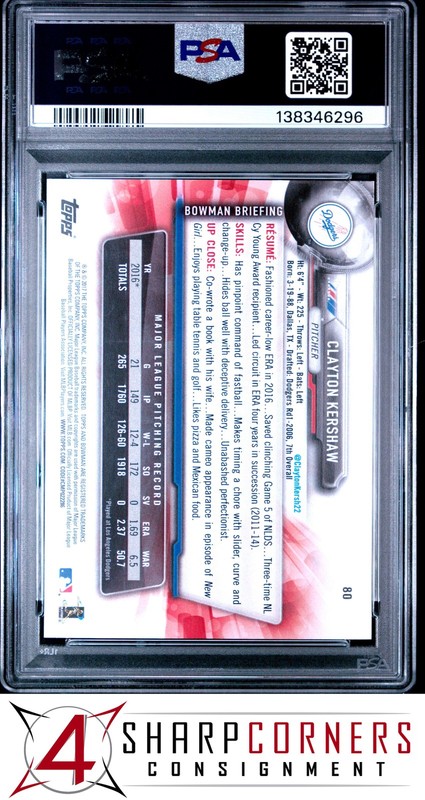 2017 BOWMAN #80 CLAYTON KERSHAW DODGERS PSA 10 view 2