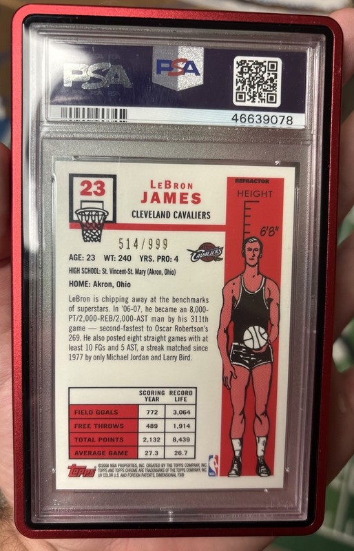 2007-08 Topps Chrome LeBron James #23 Refractor /999 PSA 9 Cavs 57/58 Variation view 2