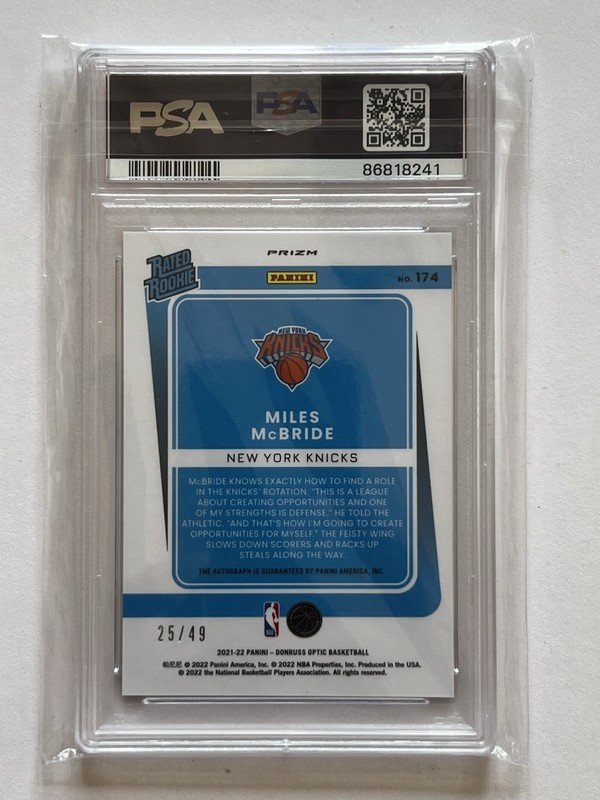 2021-22 Panini Donruss Optic Miles McBride  RC Rated Rookie Auto Blue /49 PSA 9 view 2
