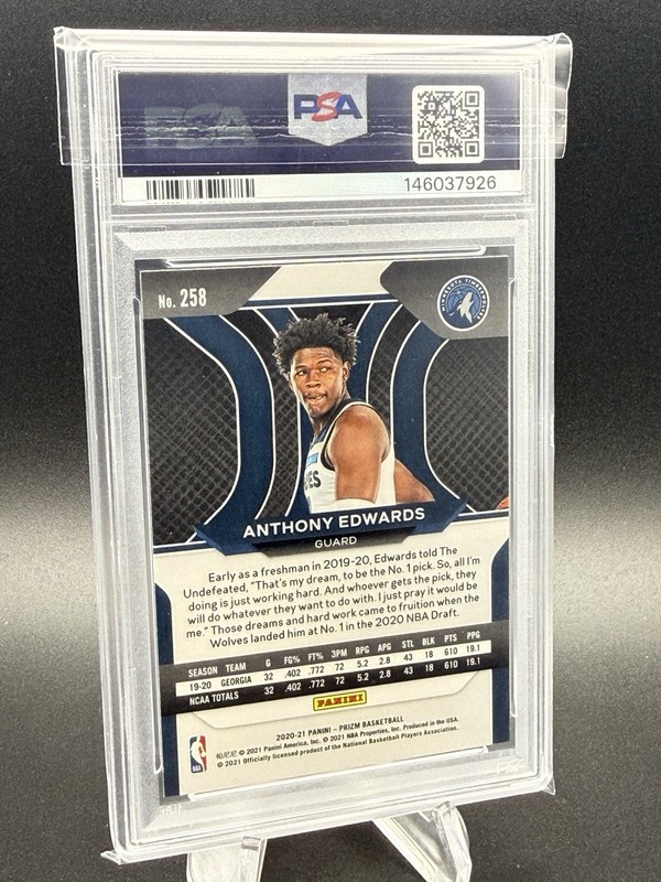 Panini 2020-21 Prizm Anthony Edwards #258 Rookie Base PSA 10 view 2