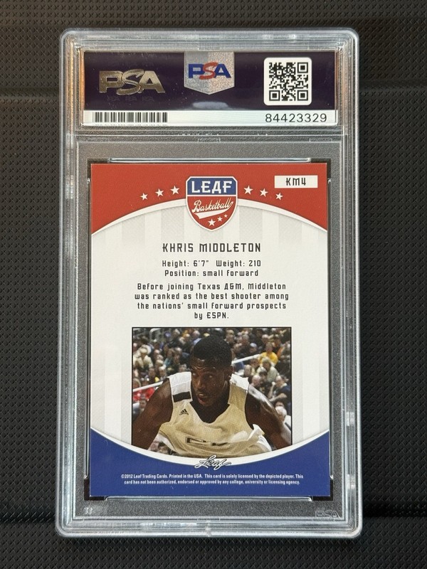 2012 Leaf - Khris Middleton #KM4 (RC) AUTHENTIC AUTOGRAPH PSA view 2
