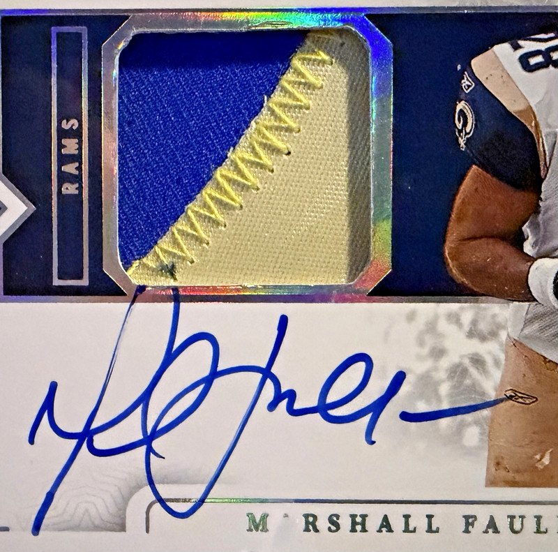 Panini National Treasures Material Treasures Marshall Faulk Patch Auto 23/25 view 2