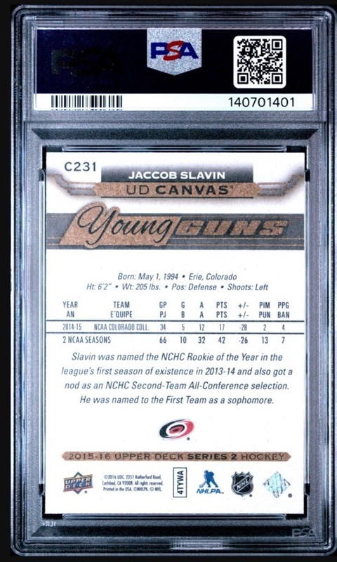 2015-16 Upper Deck UD Canvas Young Guns Jaccob Slavin #C231 PSA 9 HURRICANES 🏆 view 2