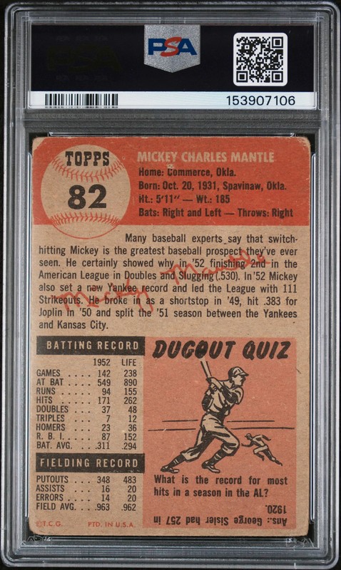 1953 Topps Mickey Mantle #82 PSA 1 view 2
