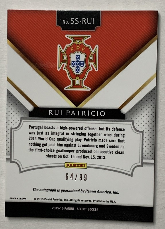 2015-16 Panini Select Rui Patricio #SS-RUI Blue Prizm Auto /99 Portugal view 2