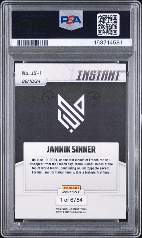 2024 Panini Instant #JS-1 Jannik Sinner Tennis World No. 1 Rookie Auto PSA 10 RC view 2