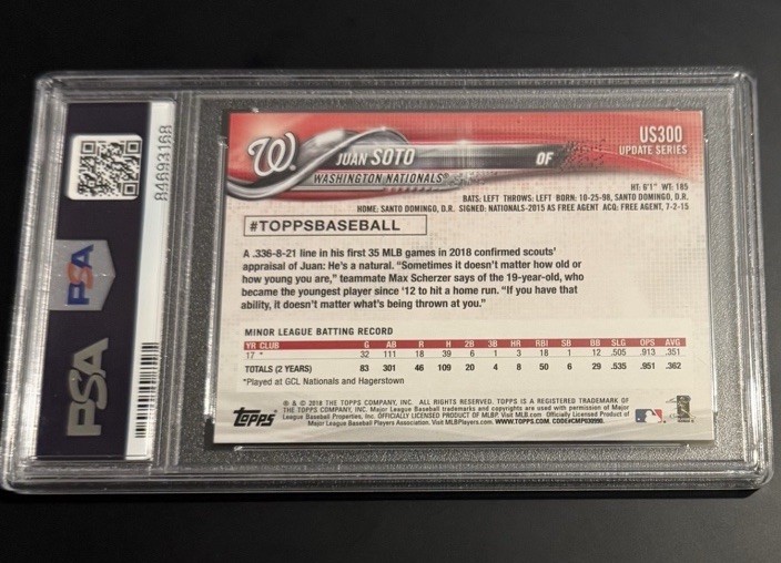 2018 Topps Update Juan Soto Rainbow Foil RC #US300 Nationals PSA 8 view 2