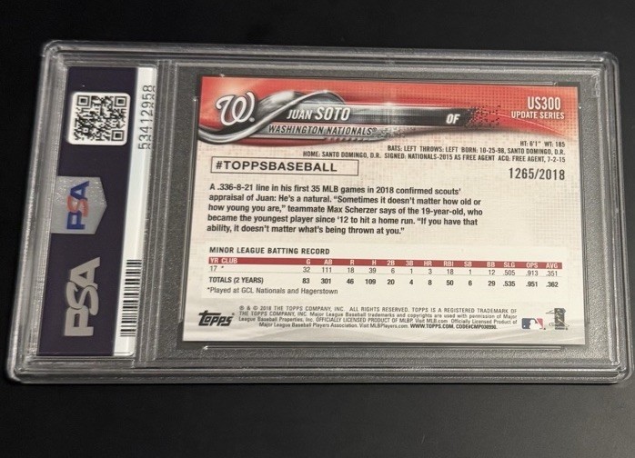 2018 Topps Update Juan Soto Gold Parallel RC /2018 #US300 Nationals PSA 9 view 2