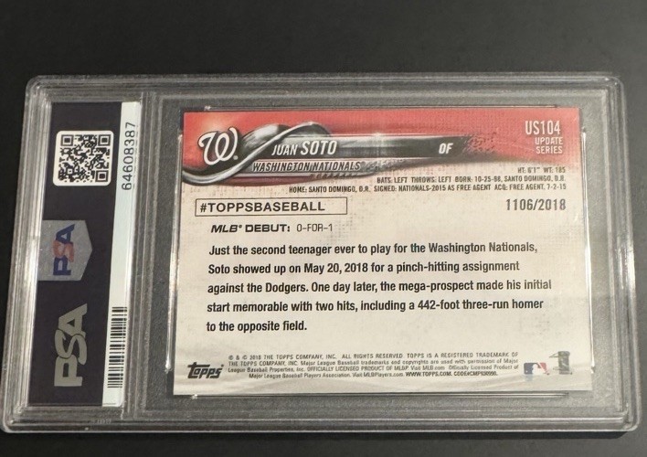 2018 Topps Update Juan Soto Gold Parallel RC /2018 #US104 Nationals PSA 10 view 2