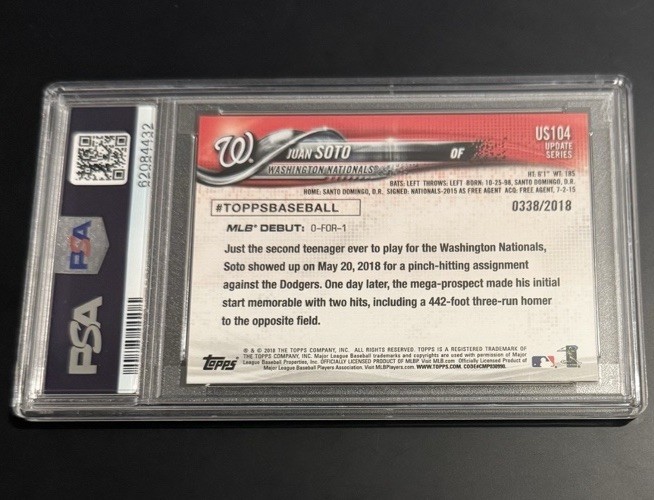 2018 Topps Update Juan Soto Gold Parallel RC /2018 #US104 Nationals PSA 10 view 2