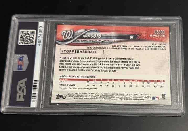 2018 Topps Update Juan Soto SP Hands On Hip Image Variation RC #US300 PSA 10 view 2