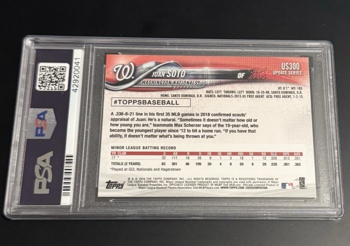2018 Topps Update Juan Soto SP Hands On Hip Image Variation RC #US300 PSA 9 view 2