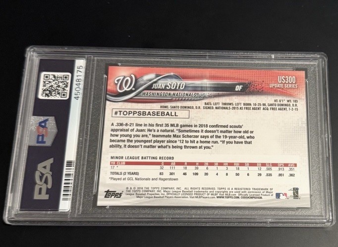 2018 Topps Update Juan Soto SP Hands On Hip Image Variation RC #US300 PSA 9 view 2