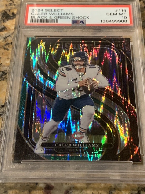 2024 Panini Select Premier Level Caleb Williams Black & Green Shock RC PSA 10 view 2