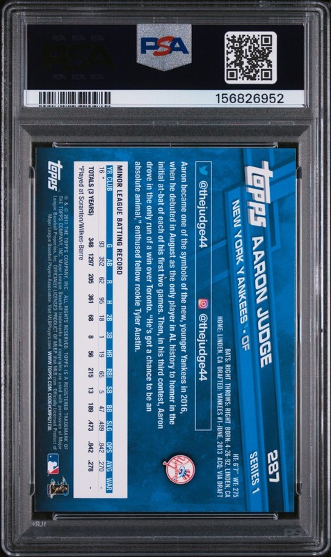 2017 TOPPS #287 AARON JUDGE ROOKIE RC PSA 9 view 2