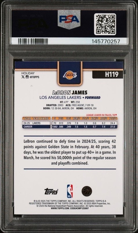 2025 Topps Holiday LeBron James #H119 - PSA 9 MINT view 2