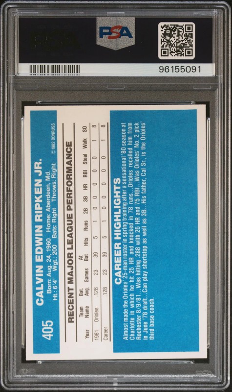 1982 Donruss Cal Ripken JR. #405 PSA 9 view 2