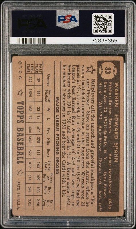 1952 Topps Warren Spahn #33 Black Back PSA 1 view 2