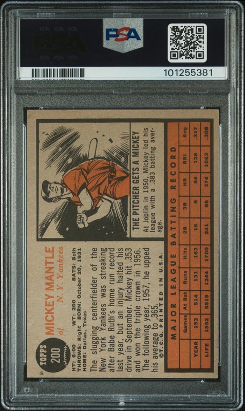 1962 Topps Mickey Mantle #200 PSA 4 view 2