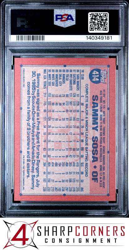 1991 TOPPS #414 SAMMY SOSA WHITE SOX PSA 10 view 2